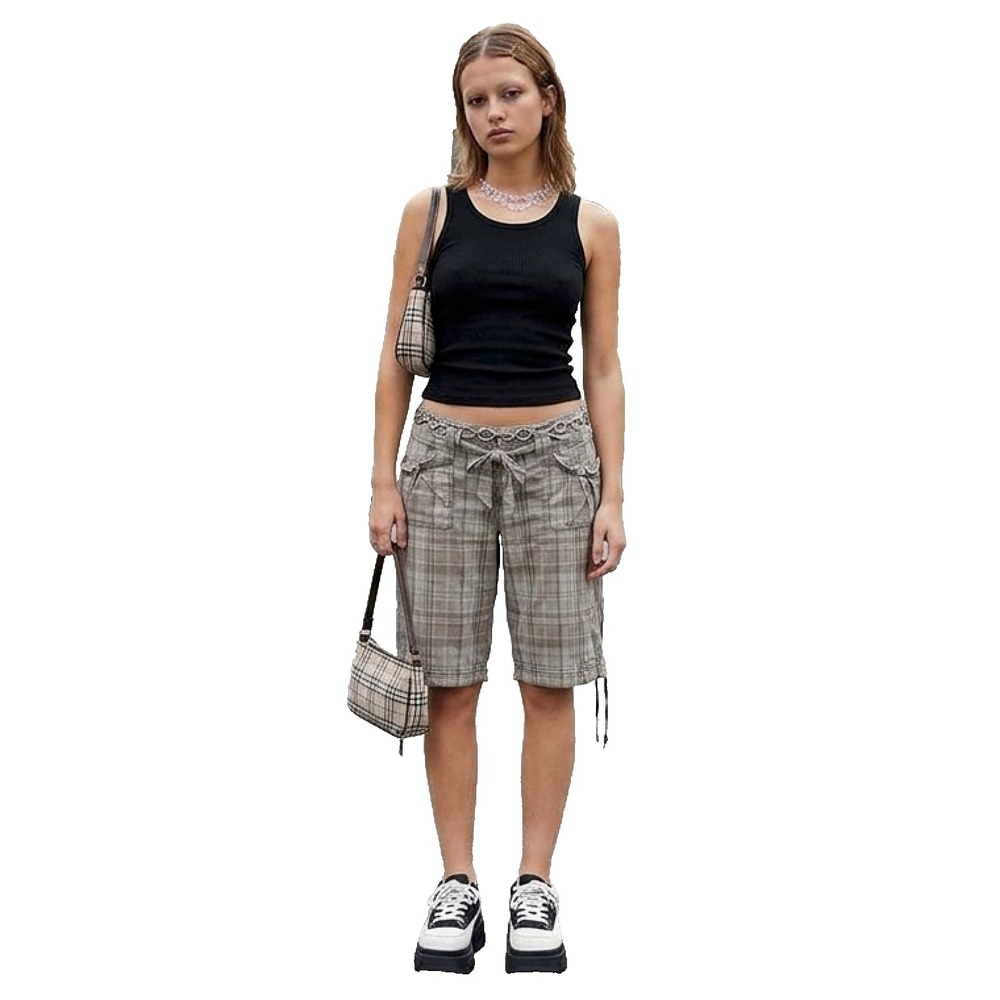 VTG Y2K Cargo Plaid Shorts Mid Rise 13 Drawstring Hem Tie Belt 11.5" Inseam 90s